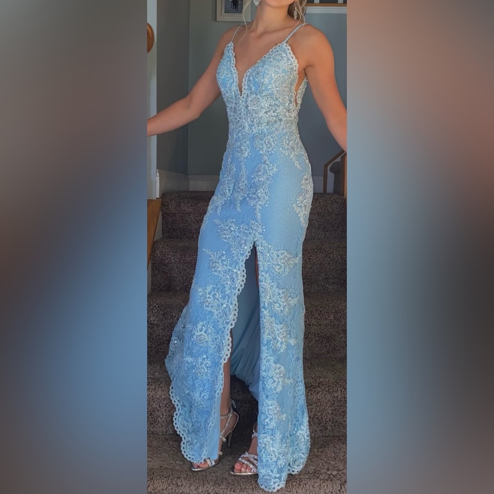 JVN by Jovani Embroidered Lace Prom Dress-Light Blue -Size 2